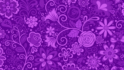 Vibrant purple floral background with intricate swirling vines and diverse flower shapes, creating a rich and decorative pattern perfect for creative design projects, invitations, or artistic
