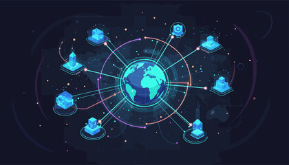 Abstract global business network technology connection concept with interconnected nodes and glowing lines around a central earth globe on a dark digital background, representing data flow and