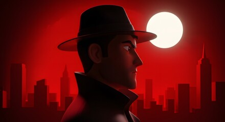 Animated detective profile silhouetted against a red city skyline and large moon