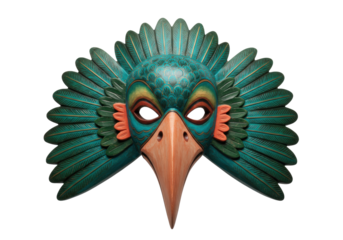 Isolated bird mask for cultural events with feathers in a teal and orange color scheme