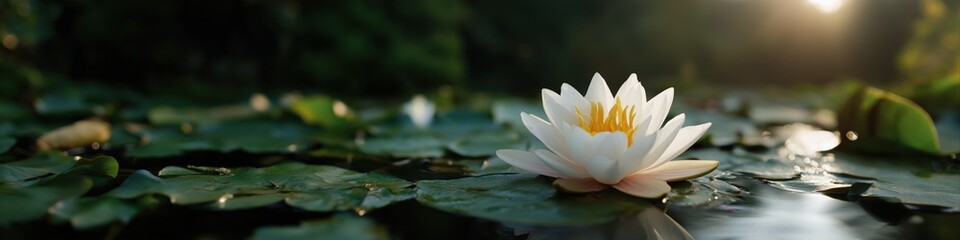 Serene water lily blossom in sunlit pond surrounded by lush green leaves