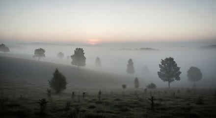 Misty rolling hills with scattered trees at dawn with a pale sky image
