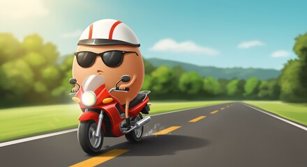 Animated egg character wearing sunglasses and helmet rides a red motorcycle on a sunny road