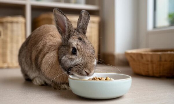 a rabbit leaning over a bowl of food