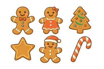 Festive gingerbread cookies for holiday celebrations and baking. Set of 6 vector illustration
