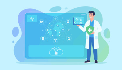 Doctor in white coat holding a shield with a green cross and a tablet displaying health icons, representing digital healthcare, medical technology, and secure patient data management with a global