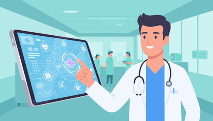 A smiling male doctor in a white coat with a stethoscope around his neck, interacting with a futuristic medical tablet displaying health icons and data in a modern hospital corridor with nurses in