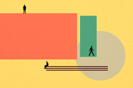 Abstract geometric illustration with figures walking sitting and standing