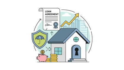 Conceptual illustration of a mortgage loan process, featuring a house, piggy bank, coins, a loan agreement document, a shield with an umbrella symbolizing insurance, and a rising arrow graph