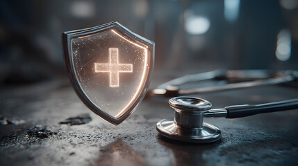 Digital shield above stethoscope representing medical cybersecurity patient safety and protection of health data and clinical integrity.