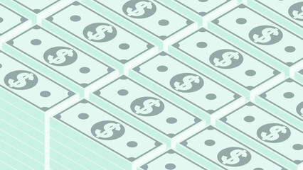 Isometric green US dollar cash stacks laid out in neat rows. Backdrop for advertising of banking services. 3D vector background top view at an angle