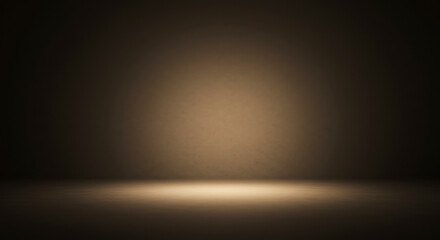 Minimalist empty dark brown studio background with warm sepia spotlight effect creating a subtle center glow on the floor and wall ideal for product presentation