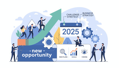 Vibrant illustration depicting a business strategy for 2025, showcasing a team climbing an upward arrow representing growth and new opportunities, with icons for new plans, goals, and visions