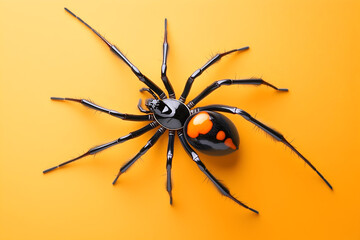 Top down view of a black widow spider with a red hourglass mark on an orange background.