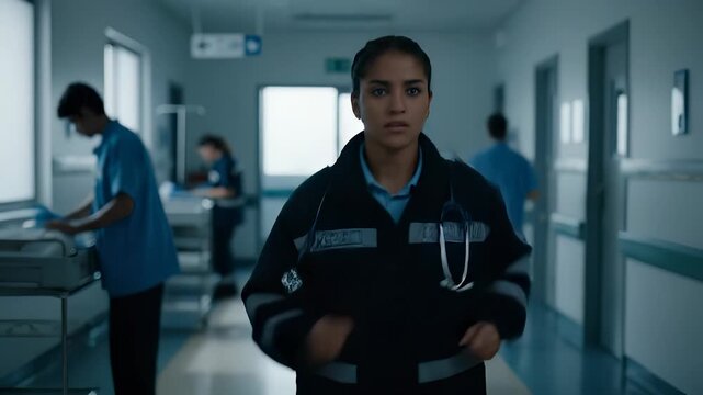 Paramedic nurse walking hospital corridor. Focused clinician with stethoscope and medical jacket. Emergency healthcare worker moving between wards. Doctor and teamwork visible through staff care.