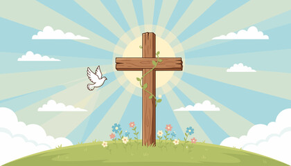 Radiant sunbeams illuminate a rustic wooden cross adorned with a climbing vine, symbolizing hope and resurrection, set against a serene sky with fluffy clouds and a dove of peace flying nearby