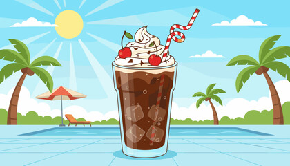 Refreshing cold chocolate beverage with whipped cream and cherries, served with a striped straw, set against a bright sunny day by a swimming pool with palm trees and lounge chair, perfect for summer