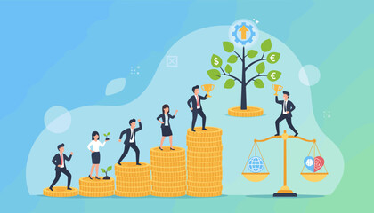 Business growth concept: Employees climbing stacks of coins symbolizing career development and financial success, with a money tree and a balance scale representing global economy versus personal
