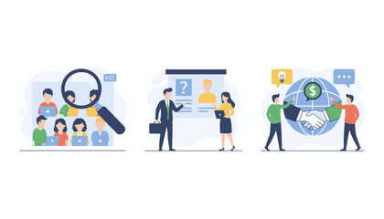 Modern flat illustration of human resources department activities, including candidate search with a magnifying glass, interview process with a resume display, and global business partnership with