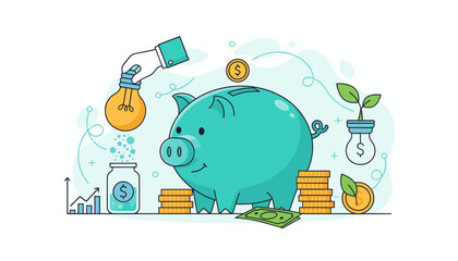 Vibrant illustration of a piggy bank symbolizing savings and financial growth, with a hand inserting a lightbulb representing energy efficiency and smart investment, surrounded by coins, banknotes