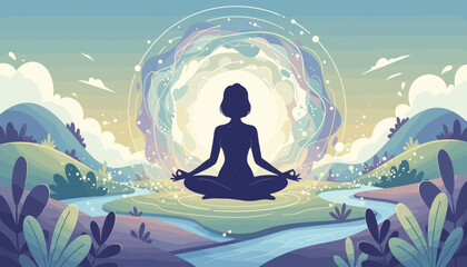 Serene silhouette of a woman meditating in a lotus pose amidst a vibrant, abstract natural landscape with flowing water, rolling hills, and a luminous, swirling aura of energy, symbolizing inner