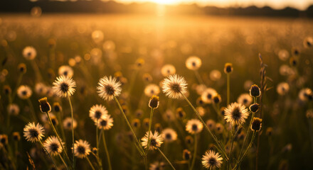 Close-up of fluffy dandelion seed heads and wildflowers in a vast field perfectly backlit by the brilliant, warm glow of a dramatic golden hour sunset or sunrise