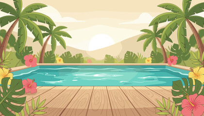Serene wooden deck beside a tropical swimming pool surrounded by lush palm trees and vibrant hibiscus flowers, with a soft, hazy sunset in the background, evoking a sense of peaceful vacation and
