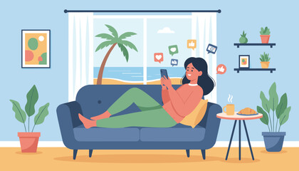 A young woman relaxes on a comfortable blue sofa in her living room, scrolling through social media on her smartphone, with a beautiful beach and ocean view visible through the window, featuring a