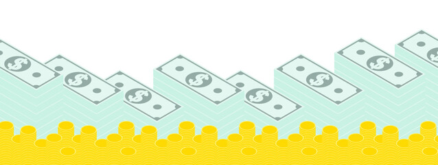 Empty horizontal banner with American dollars stacks and gold coins stacked in a pile. Mountains of money border lines at top and bottom. Vector banner for advertising of banking services