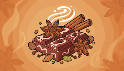 Aromatic spiced masala chai chocolate bar adorned with star anise, cinnamon sticks, cardamom pods, and almonds, evoking warmth and exotic flavors, perfect for culinary and beverage themes.