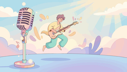 Joyful guitarist energetically playing electric guitar on stage with a vintage microphone, bathed in soft pastel sunlight and whimsical clouds, evoking a sense of musical performance and creative
