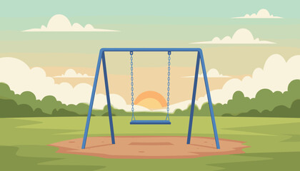 A solitary blue swing set stands empty in a park at sunset, with a blurred green forest and soft clouds in the background, evoking a sense of peace and nostalgia.