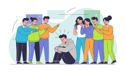 The problem of bullying: a man sits on the floor, hunched over and sad, while a group of people point and laugh at him, creating a scene of social exclusion and emotional distress, vector