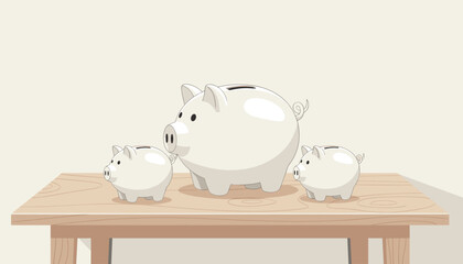 Three charming white ceramic piggy banks of varying sizes are neatly arranged on a light-colored wooden table, symbolizing savings, financial growth, and the concept of accumulating wealth over time