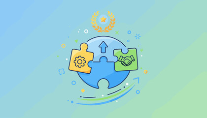 Vibrant illustration symbolizing teamwork and success, featuring interlocking jigsaw puzzle pieces representing collaboration, a gear for efficiency, and a handshake for partnership, all under a
