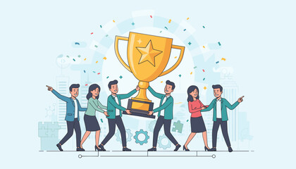 Diverse team of professionals celebrating a major success, joyfully carrying a golden trophy adorned with a star, symbolizing achievement and teamwork, amidst a shower of confetti and abstract