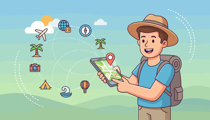 Joyful traveler with backpack and hat uses a smartphone with a map application, surrounded by travel icons like airplane, globe, compass, palm tree, camera, tent, hot air balloon, and ocean waves