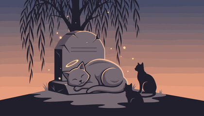 Serene scene of three cats near a tombstone under a weeping willow tree at dusk, with a haloed cat sleeping peacefully and two black silhouettes observing, evoking themes of remembrance, loss, and