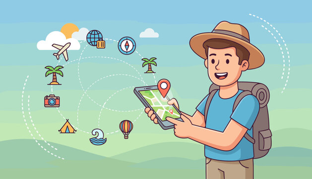 Joyful traveler with backpack and hat uses a smartphone with a map application, surrounded by travel icons like airplane, globe, compass, palm tree, camera, tent, hot air balloon, and ocean waves