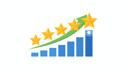 A dynamic vector illustration showcases a rising bar graph with five golden stars ascending along a green arrow, symbolizing growth, success, and top ratings, set against a clean white background