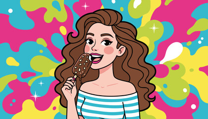 Vibrant illustration of a happy young woman with long brown wavy hair, enjoying a chocolate-covered ice cream bar with almond pieces, set against a colorful, abstract background with splashes of