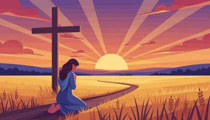 A woman kneels in prayer beside a wooden cross in a golden field at sunset, with a path leading towards the horizon and a vibrant sky filled with radiating sunbeams and clouds, symbolizing faith and
