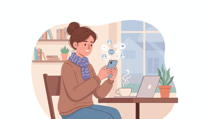 A young woman with her hair in a bun, wearing a cozy sweater and scarf, is happily engrossed in her smartphone, engaging in social media networking with icons of people, messages, and hearts floating