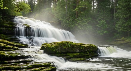 Lush green forest with multi tiered waterfall cascading over moss covered rocks cascade