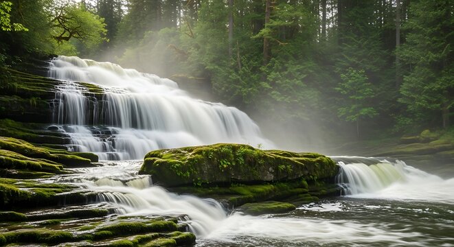 Lush green forest with multi tiered waterfall cascading over moss covered rocks cascade - Powered by Adobe