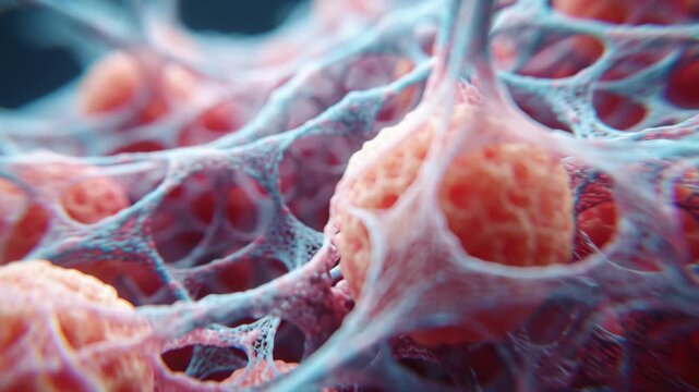 Porous network tissue with spherical cells fibrous matrix cell membrane network connective fibers neuron network neural tissue