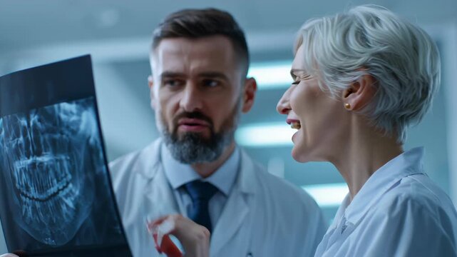 Experienced dental specialist and dentist reviewing panoramic radiograph x ray together with elderly patient calm professionalism