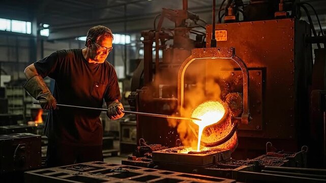 Molten Metal Pouring with Sparks in Manufacturing Foundry Hot Metal Casting Process with Sparks Against Dark Background Industrial Theme Footage