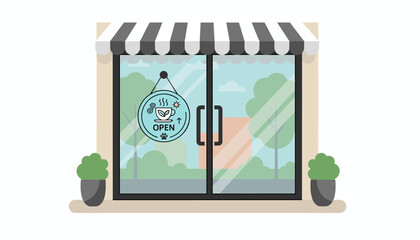 Charming cafe or restaurant storefront with a striped awning and glass doors, featuring a whimsical 'Open' sign hanging, adorned with icons of a steaming cup, gears, a paw print, and a sun