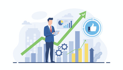 Project approval concept: a businessman in a blue suit analyzes data on a tablet, surrounded by rising bar graphs, a green upward trend arrow, gears, and a 'thumbs up' icon, representing business